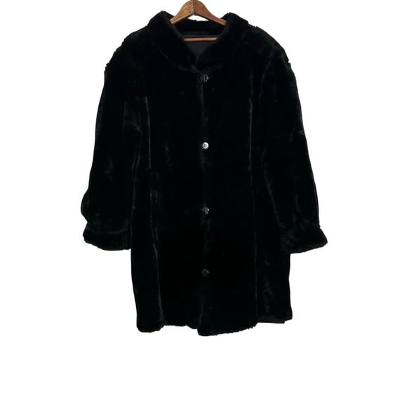 Button Front Mock Neck Long Sleeve Faux Fur Coat Jacket Black Size XXL - Picture 1 of 6